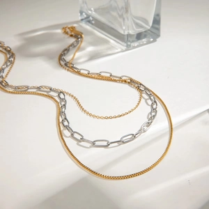 Detail of elegant three-layer 18K gold plated stainless steel layered necklace display