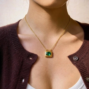 Stainless Steel Necklace 18K Gold Plated Square Pendant Oval Gemstone Vintage French Style For Women Waterproof