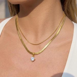 Layered Necklace Stainless Steel 18K Gold Plated Cubic Zirconia Pendant Snake Chain Waterproof Hypoallergenic Women