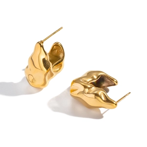 French vintage gold plated V-shaped irregular molten metal earrings for women