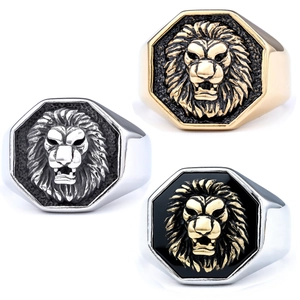 Lion Head Ring Stainless Steel Vintage Domineering Men Octagonal Relief Punk Hip Hop Fashion Jewelry