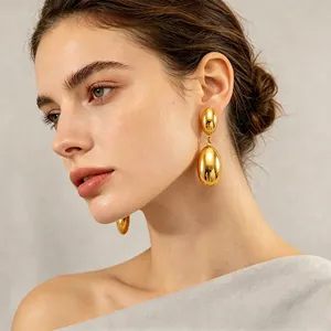 Boucles d'oreilles pendantes ovales doubles dorées polies au style vintage français pour femme