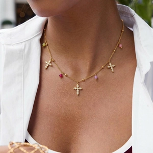 Cross Pendant Necklace Stainless Steel 18K Gold Plated Cubic Zirconia Colorful Beads Bohemian INS Jewelry For Women