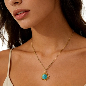 Vintage Sun Starburst Necklace Stainless Steel 18K Gold Plated Turquoise Pendant Bohemian Jewelry For Women