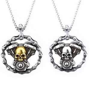Pendant Necklace Stainless Steel Skull Motorcycle Engine Biker Punk Gothic Vintage Silver Jewelry For Men