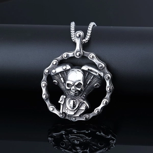 Vintage punk silver biker skull necklace with engine cylinder and motorcycle chain pendant