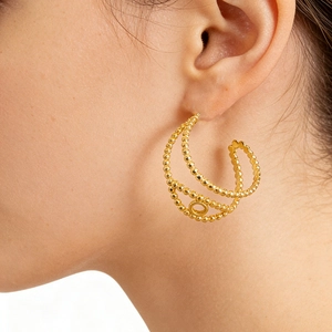 Boucles D'oreilles Créoles En C Géométriques En Acier Inoxydable Plaqué Or 18K Texturées À Perles Bijoux Pour Femmes