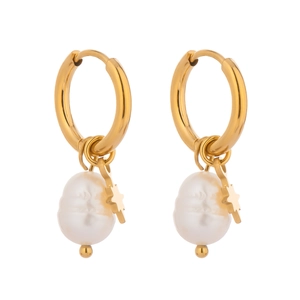 Elegant gold hoop earrings with natural freshwater baroque pearls and star pendants