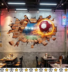 3D football breaking through wall sticker for soccer stadium decor in modern dining room