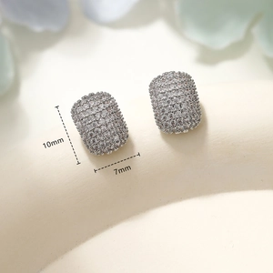 Minimalist silver geometric stud earrings with pavé crystals in 10mm x 7mm size