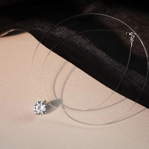 Macro detail of a floating round zircon pendant with an invisible fishing line chain