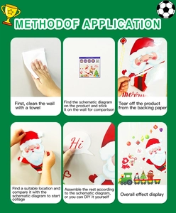 Detail showing 6-step installation guide for DIY Christmas wall stickers with Santa and tree