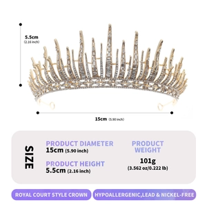 Luxurious gold vintage queen crown with crystals, dimensions 15cm diameter and 5.5cm height