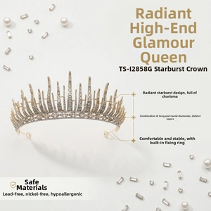 Detailed macro view of gold tiara with rhinestones and lead-free non-allergic metal base