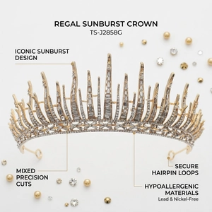 Macro detail of luxury queen crown with sunburst spikes and precision-cut white rhinestones