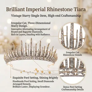 Luxury gold bridal crown featuring starburst rhinestones and intricate hand-set crystals