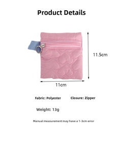 Pink heart quilted polyester coin purse detail showing 11x11.5cm size and zipper closure