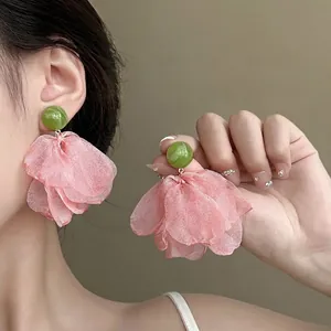Flower Petal Dangle Earrings With Chiffon Fabric And 925 Sterling Silver Earring Post French Retro Fairy Style For Women