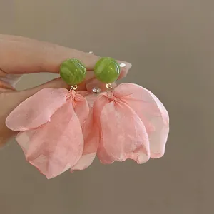 French retro chiffon petal earrings with pink organza flowers and green marble beads