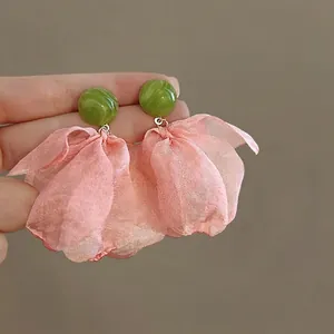 Elegant French vintage chiffon petal earrings with green marble stud and pink fabric flower
