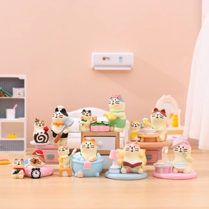 Macro shot of 12 cute cat miniatures in pastel tones within a cozy miniature room setting