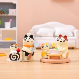 Adorable miniature cat figurines set for desk decor featuring chef and dining kittens