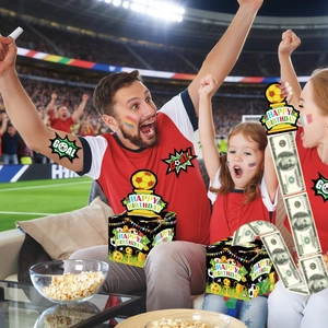 Soccer party money pull box with Happy Birthday banner and football trophy cake toppers