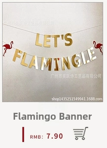 Close-up of Let's Flamingle party banner with golden letters and red flamingos