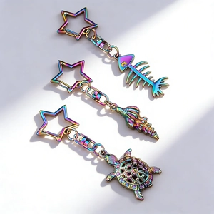 Iridescent Alloy Marine Theme Keychain With Star Clasp Rainbow Iridescent Electroplated Turtle Fish Bone Conch Bag Charm
