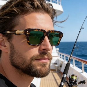 Men's tortoiseshell square sunglasses with green polarized lenses and gold metal details