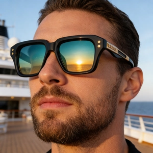 Man wearing square black polarized sunglasses with gold metal temple details on a boat