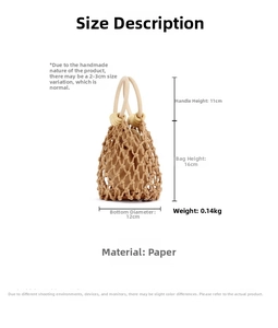 Handwoven straw net bucket bag with drawstring liner and detailed size dimensions
