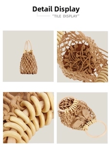 Close-up of handmade woven mesh bag featuring round wooden handles and cotton rope texture