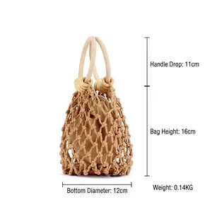 Handmade woven cotton rope bucket bag with round wooden handles and drawstring pouch