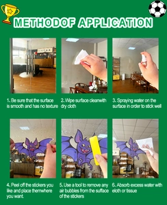 Step-by-step application guide for purple bat stickers on glass with a yellow scraper tool