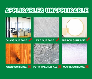 Wall sticker application guide showing compatible glass and tile versus unsuitable wood surfaces