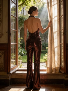 Sparkly burgundy sequin backless halter jumpsuit with high waist and flared legs