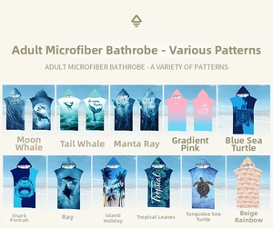 Eleven patterns of microfiber hooded beach ponchos featuring marine and tropical prints
