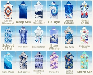 Variety of microfiber hooded beach ponchos with 18 distinct coastal and artistic prints
