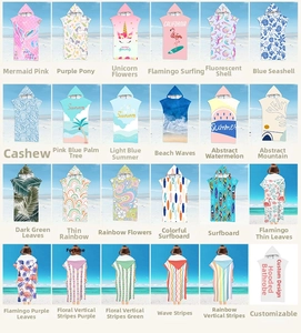 Collage of microfiber hooded beach towels with flamingo, unicorn and tropical prints