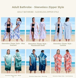 Macro view of six printed microfiber beach ponchos with hoods and front zippers
