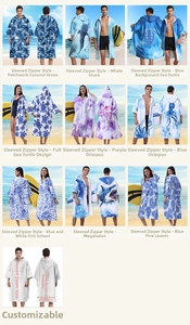 Quick-dry microfiber beach poncho with hood and zipper featuring tropical marine patterns