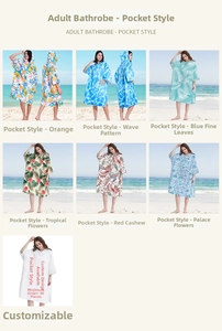 Detail grid showing adult hooded beach ponchos with various tropical prints and front pocket