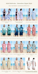 Collage of hooded microfiber beach robes with various tropical prints and front zipper