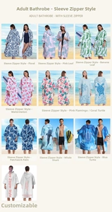 Collage of hooded microfiber beach robes with various tropical and floral print patterns