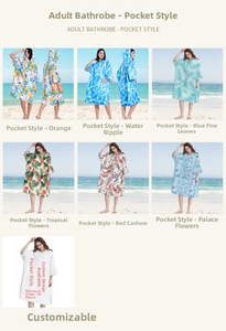 Detailed grid showing microfiber hooded ponchos with various tropical and floral prints