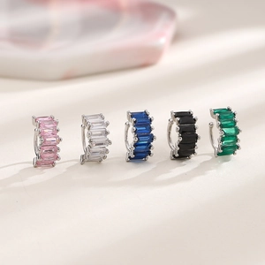 Colorful baguette zircon clip earrings set in silver finish with vibrant dopamine style