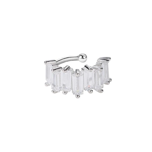 Silver ear cuff featuring seven baguette-cut clear cubic zirconia in a radial layout