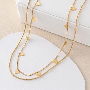 Double-layered 18k gold plated titanium steel heart necklace with snake and link chains