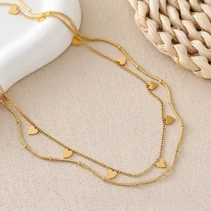 Double-layered 18k gold plated titanium steel necklace with small heart pendants